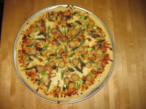 White Pizza with Fresh Asparagus, Roasted Fingerling Potatoes, Caramelized Onions & Goat Cheese